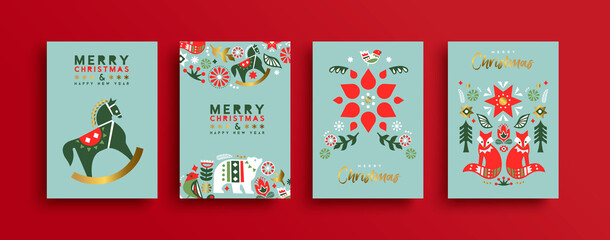Merry Christmas nordic folk winter icon card set