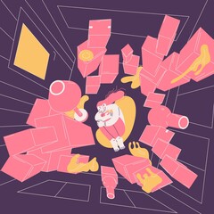 Woman who suffers from OCD and buying things. Obsessive compulsive disorder when a person collect boxes and hoard useless stuff. Room full of objects and sad character on the floor