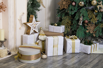 Presents and Gifts under Christmas Tree, Winter Holiday Concept