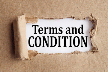 TERMS AND CONDITION, text on white paper on torn paper background