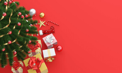 Red Christmas holiday background. Copy space for text with a garland of golden leaves and snowflakes. Design element for Christmas and New Year cards, banners. Top view. 3D rendering. 3D illustration