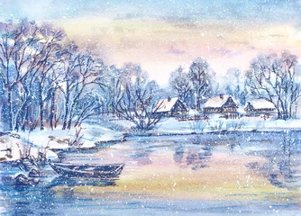 Poster Watercolor painting: Winter landscape with boat on frozen lake © O'SHI