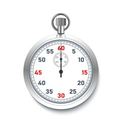 Realistic silver Stopwatch vector illustration. Time icon vector three dimensional high angle front view.