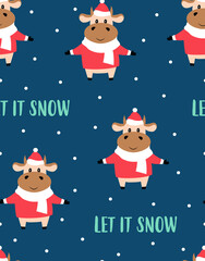 christmas seamless pattern with cow, vector illustration