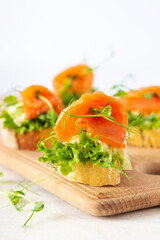 Canapes with mozzarella cheese, salad, salmon and pea sprouts, toast with red fish on a wooden board close up