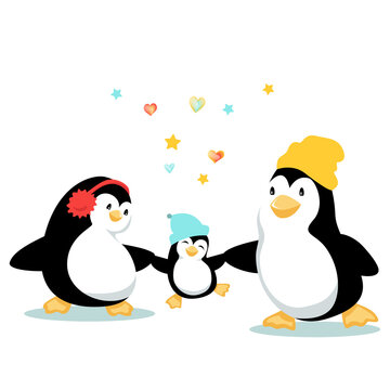 Cartoon family of penguins enjoy their time together. Mother, father and the baby penguin walk holding wings and letting the kid jump and have fun. Vector illustration isolated on white background.
