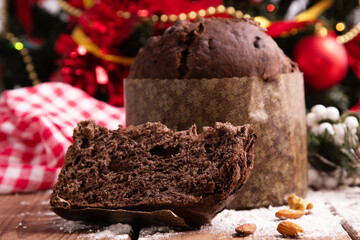chocolate panettone with christmas decorations