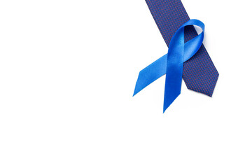 Cancer men. Awareness prostate cancer of men health in November. Blue ribbon, fashion tie isolated on white background. Supporting people living and illness.
