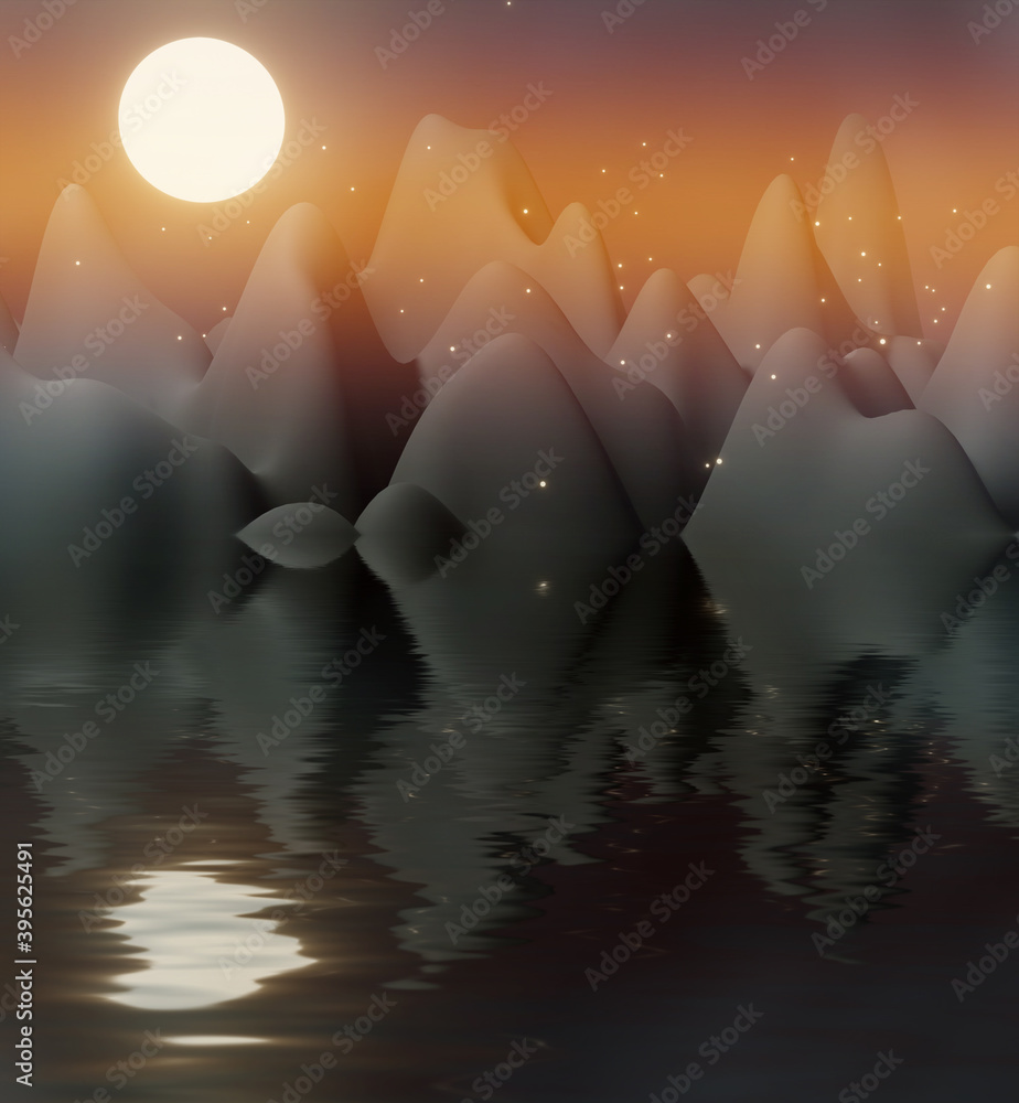Canvas Prints 3d render of the moon dawn on a mountain lake