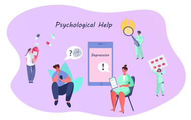 Psychologist Doctor Helps Online Patient to Unravel Tangled Thoughts and Depression.Online Psychological Help.Psychotherapist Counseling Online.Patient Disorder.Flat Vector Illustration