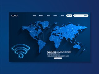 Wireless technology landing page, blue background with world map, interface, vector