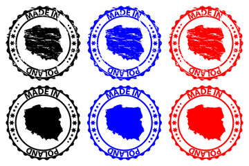 Made in  Poland - rubber stamp - vector, Poland map pattern - black, blue and red