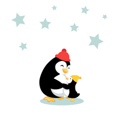 Mother penguin is hugging her baby penguin. Sweet family cuddles. Vector illustration isolated on white background.