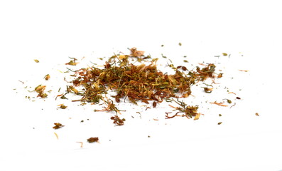 Ready for tee. Dry Hypericum flowers, Hypericum perforatum or St John's wort isolated.