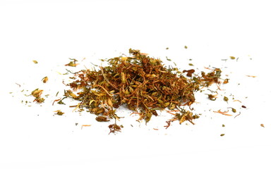 Ready for tee. Dry Hypericum flowers, Hypericum perforatum or St John's wort isolated.