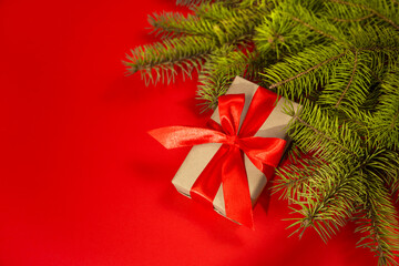 
Spruce branch on a red background.