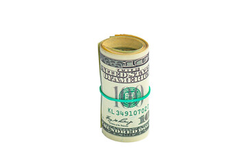 Roll of dollar bills tied with elastic band isolated on white background.