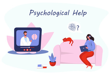 Fototapeta na wymiar Psychotherapist Counseling Online.Online Psychological Help.Psychologist Doctor Helps Patients to Unravel Tangled Thought.Patient Female Having Emotional Problems,Mental disorder.Vector Illustration