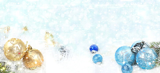 Christmas background and new year concept, winter banner, abstract defocused light background with bokeh and decorations in the snow, background image for advertising place for text,