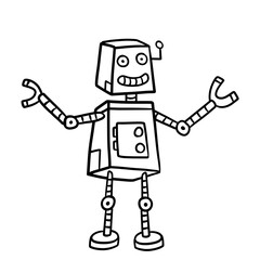 Robot. Doodle character. Metal computer man. Funny children drawing. Friendly Mechanism. Black and white cartoon illustration