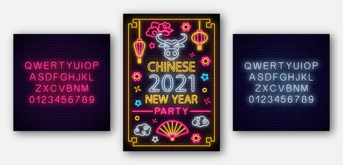 2021 Chinese New year of white bull poster in neon style with alphabet. Celebrate invitation of asian lunar new year. Neon sign, bright banner. Party invitation design template. Vector illustration.