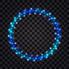 LED light round frame with blue neon glowing. Shiny luminous border with flare and diode lamp  effect. Decorative circle on dark transparent background isolated, vector illustration