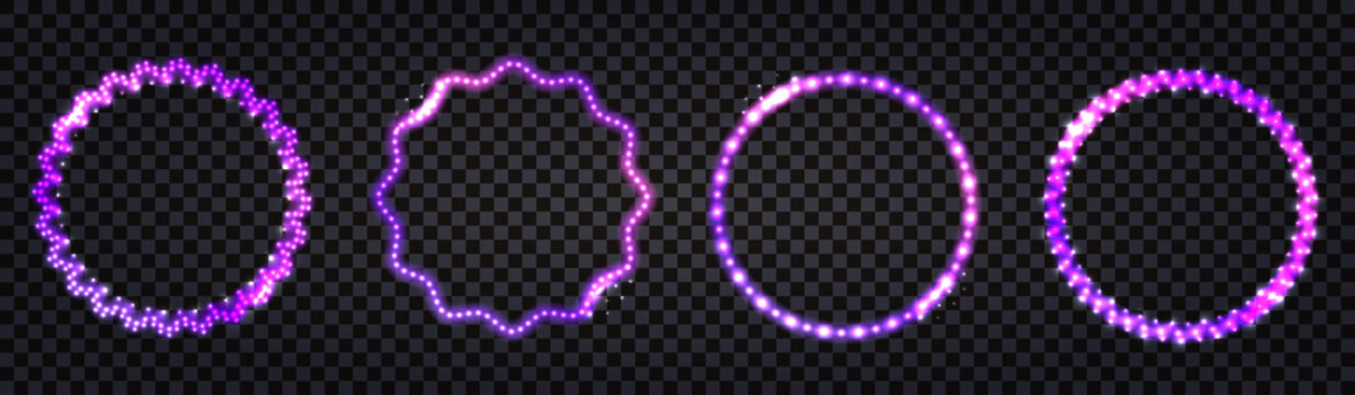LED glowing frames with purple neon light effect. Luminous shiny borders, round shape, isolated on dark transparent background. Disco design, vector illustration