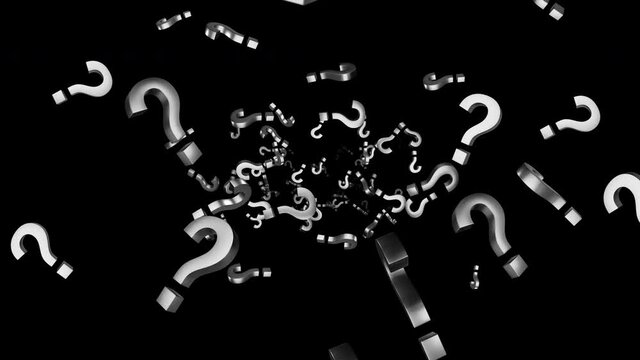 An endless stream of question marks toward the screen on alpha channel background.