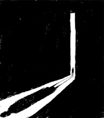 illustration of a peson opening a door to a dark room. Depression and loneliness state