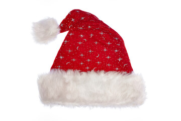 red santa claus costume hat with white fur and stars, white background, isolate