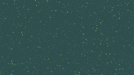 Glowing lights of yellow and green colors and tiny light snow on trendy tidewater green background with copy space for graphic design, poster and banner. Christmas and holidays concept