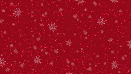 Falling bright snowflakes different sizes and glowing lights on red background with copy space for graphic design, poster and banner. Christmas and holidays concept