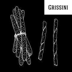 Grissini black and white vector illustration. Italian cuisine. Hand drawn sketch illustration. Italian food. Top view.