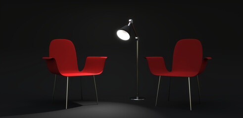 Two chairs and a lamp in a dark room for an interview 3d rendering illustration © Kryuchka Yaroslav