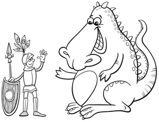 dragon and knight cartoon illustration coloring book page