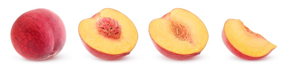 Fototapeta premium Whole fresh peach fruit, halves and a slice in a row isolated on white background