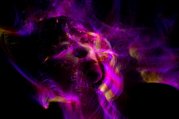 lightpainting portrait, new art direction, long exposure photo , light drawing at long exposure