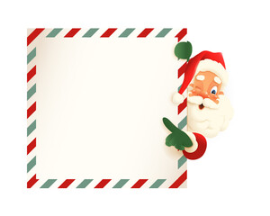 Cute Santa Claus peeking on right side of letter and shows on the board - vintage vector illustration