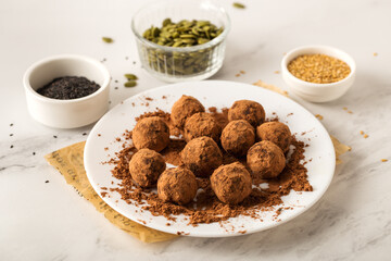 Healthy vegan chocolate truffles candy dessert, useful sweets