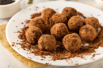 Healthy vegan chocolate truffles candy dessert, useful sweets
