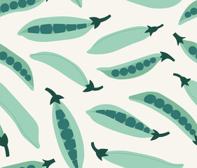 Seamless pattern of green peas on a beige background. Hand-drawn peas set. Trendy vegan food background for fabric, paper. Suitable for illustrating healthy eating, recipes, local farm.