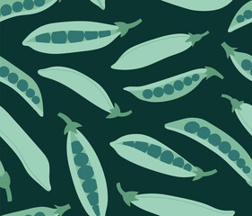 Seamless pattern of green peas on a green background. Hand-drawn peas set. Trendy vegan food background for fabric, paper. Suitable for illustrating healthy eating, recipes, local farm.