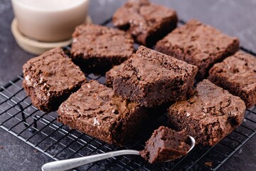 Brownie stack, chocolate cake on cooling rack, sweet content