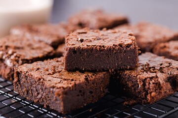 Brownie stack, chocolate cake on cooling rack, sweet content