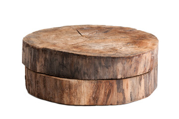 two rings, wooden stand made of old wood lie on top of each other isolated on white background