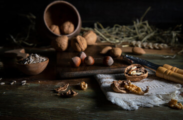 Nuts and sunflower seeds on a rustic table