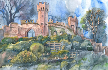 Tower of the medieval castle of Warwick, thelfelda hill, illustration, watercolor.