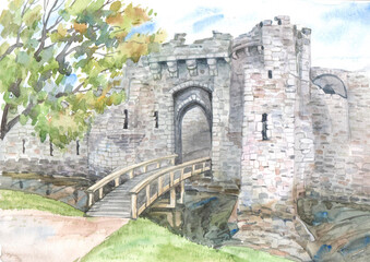 Fototapeta na wymiar Beaumaris Castle in Wales, a medieval stone tower painted in watercolors.