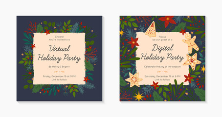 Set of Christmas and Happy New Year virtual party invitation templates during covid 19.Modern vector layouts with traditional winter holiday symbols.Xmas trendy designs for banners,prints,social media