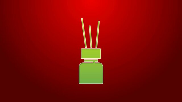 Green line Aroma diffuser icon isolated on red background. Glass jar different with wooden aroma sticks. 4K Video motion graphic animation
